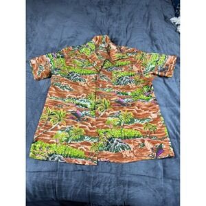 Waikiki Vintage Hawaiian‎ Shirt Mens Orange Tropical Sailboat Camp Korea 20.5x27